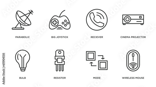 technology outline icons set. thin line icons such as parabolic, big joystick, reciever, cinema projector, bulb, resistor, mode, wireless mouse vector.