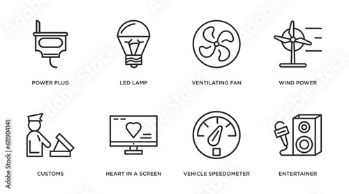 technology outline icons set. thin line icons such as power plug, led lamp, ventilating fan, wind power, customs, heart in a screen, vehicle speedometer, entertainer vector.