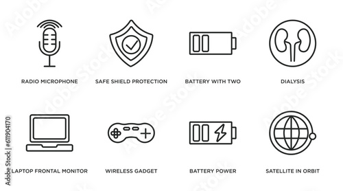 technology outline icons set. thin line icons such as radio microphone, safe shield protection, battery with two bars, dialysis, laptop frontal monitor, wireless gadget, battery power, satellite in