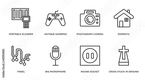 technology outline icons set. thin line icons such as portable scanner, antique gamepad, photograph camera, domestic, tinsel, big microphone, round socket, cross stuck in ground vector.