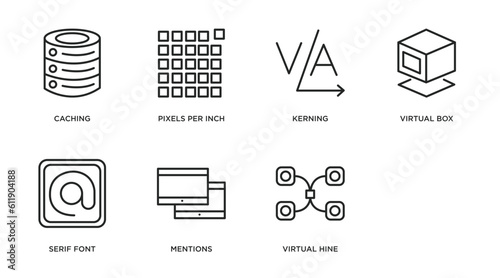 technology outline icons set. thin line icons such as caching, pixels per inch, kerning, virtual box, serif font, mentions, virtual hine, data modelling vector.