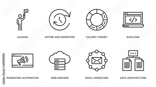 technology outline icons set. thin line icons such as leading, uptime and downtime, colory theory, back end, marketing automation, web servers, email marketing, data architecture vector.