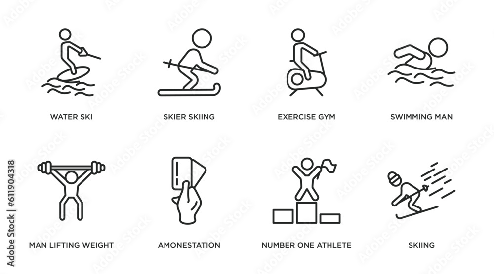 sports outline icons set. thin line icons such as water ski, skier skiing, exercise gym, swimming man, man lifting weight, amonestation, number one athlete, skiing vector.