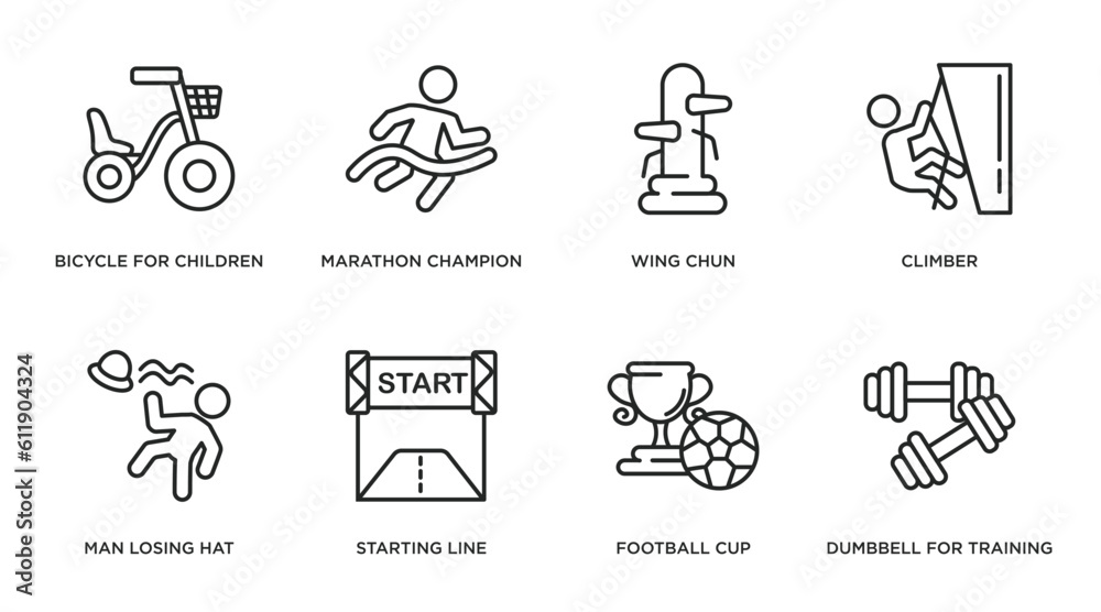 Fototapeta premium sports outline icons set. thin line icons such as bicycle for children, marathon champion, wing chun, climber, man losing hat, starting line, football cup, dumbbell for training vector.