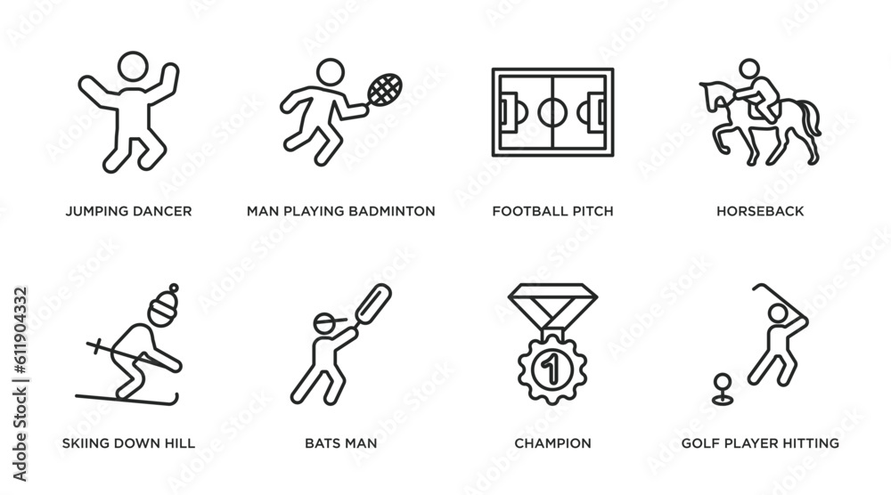 sports outline icons set. thin line icons such as jumping dancer, man playing badminton, football pitch, horseback, skiing down hill, bats man, champion, golf player hitting vector.