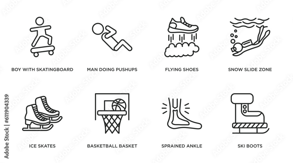 sports outline icons set. thin line icons such as boy with skatingboard, man doing pushups, flying shoes, snow slide zone, ice skates, basketball basket, sprained ankle, ski boots vector.