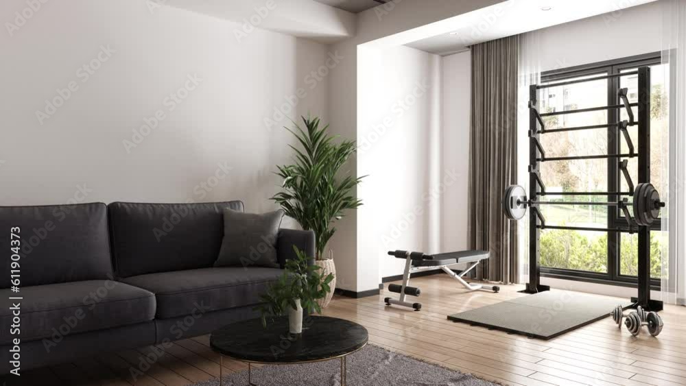 Living Room Interior With Sofa, Coffee Table, Barbell And Dumbbells ...