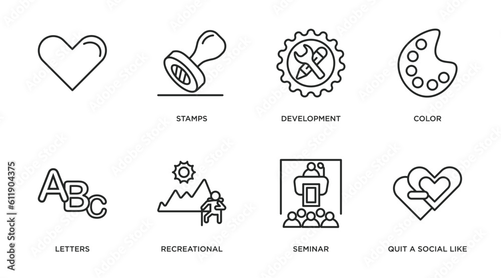 social media marketing outline icons set. thin line icons such as , stamps, development, color, letters, recreational, seminar, quit a social like vector.