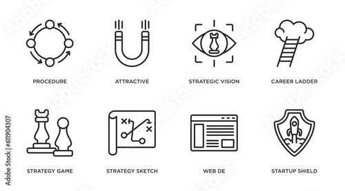 startup stategy and outline icons set. thin line icons such as procedure, attractive, strategic vision, career ladder, strategy game, strategy sketch, web de, startup shield vector.
