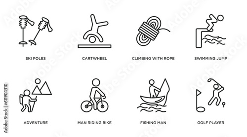 sports outline icons set. thin line icons such as ski poles, cartwheel, climbing with rope, swimming jump, adventure, man riding bike, fishing man, golf player vector.