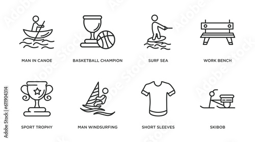 sports outline icons set. thin line icons such as man in canoe, basketball champion, surf sea, work bench, sport trophy, man windsurfing, short sleeves, skibob vector. photo