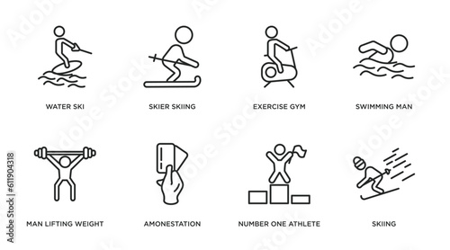 sports outline icons set. thin line icons such as water ski, skier skiing, exercise gym, swimming man, man lifting weight, amonestation, number one athlete, skiing vector.