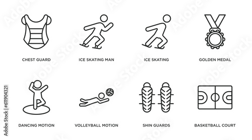 sports outline icons set. thin line icons such as chest guard, ice skating man, ice skating, golden medal, dancing motion, volleyball motion, shin guards, basketball court vector.