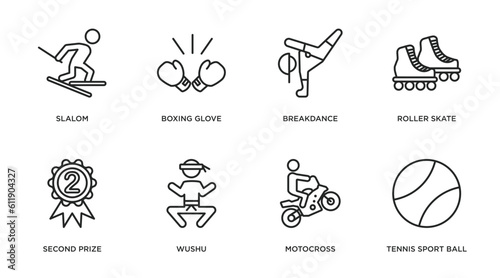 sports outline icons set. thin line icons such as slalom, boxing glove, breakdance, roller skate, second prize, wushu, motocross, tennis sport ball vector.