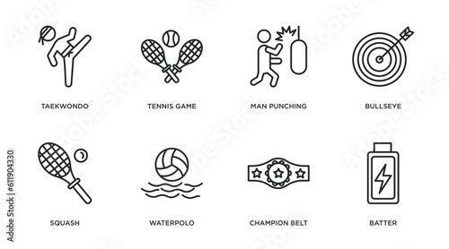 sports outline icons set. thin line icons such as taekwondo, tennis game, man punching, bullseye, squash, waterpolo, champion belt, batter vector.