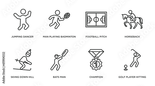 sports outline icons set. thin line icons such as jumping dancer, man playing badminton, football pitch, horseback, skiing down hill, bats man, champion, golf player hitting vector. photo
