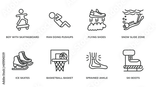 sports outline icons set. thin line icons such as boy with skatingboard, man doing pushups, flying shoes, snow slide zone, ice skates, basketball basket, sprained ankle, ski boots vector.