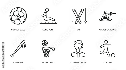 sport outline icons set. thin line icons such as soccer ball, long jump, ski, wakeboarding, baseball, basketball, commentator, soccer vector.