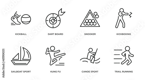 sport outline icons set. thin line icons such as kickball  dart board  snooker  kickboxing  sailboat sport  kung fu  canoe sport  trail running vector.