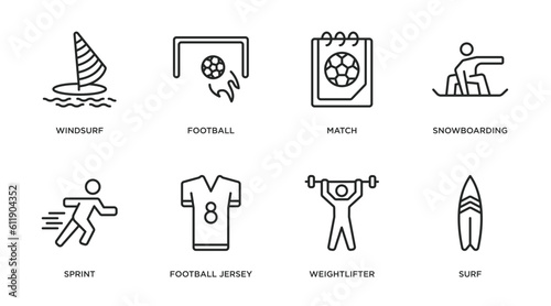 sport outline icons set. thin line icons such as windsurf  football  match  snowboarding  sprint  football jersey  weightlifter  surf vector.