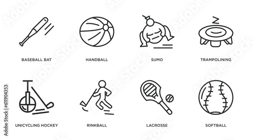 sport outline icons set. thin line icons such as baseball bat, handball, sumo, trampolining, unicycling hockey, rinkball, lacrosse, softball vector.