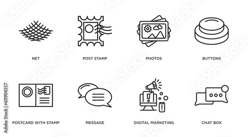 social media marketing outline icons set. thin line icons such as net, post stamp, photos, buttons, postcard with stamp, message, digital marketing, chat box vector.