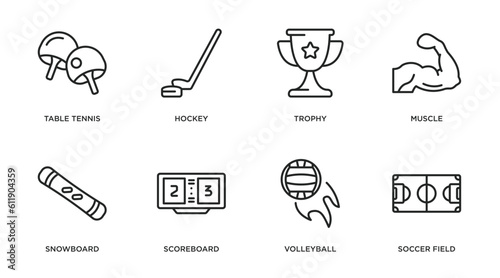 sport outline icons set. thin line icons such as table tennis, hockey, trophy, muscle, snowboard, scoreboard, volleyball, soccer field vector.