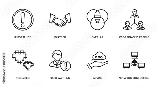social media marketing outline icons set. thin line icons such as importance, partner, overlap, coordinating people, pixelated, user warning, advise, network conecction vector.