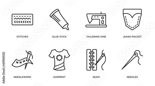 sew collection. thin outline icons set. thin line icons such as stitches, glue stick, tailoring hine, jeans pocket, needlework, garment, seam, needles vector.