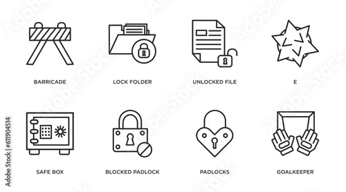 security outline icons set. thin line icons such as barricade, lock folder, unlocked file, e, safe box, blocked padlock, padlocks, goalkeeper vector.