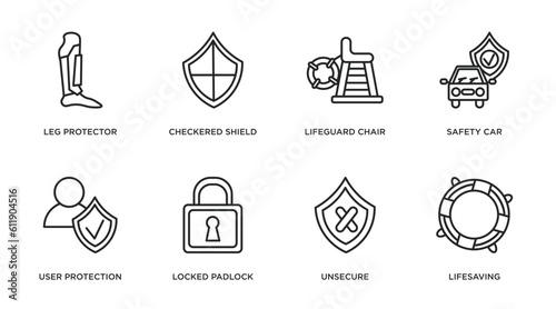security outline icons set. thin line icons such as leg protector, checkered shield, lifeguard chair, safety car, user protection, locked padlock, unsecure, lifesaving vector.