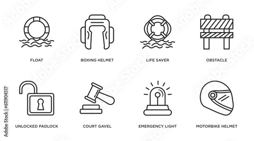 security outline icons set. thin line icons such as float, boxing helmet, life saver, obstacle, unlocked padlock, court gavel, emergency light, motorbike helmet vector.