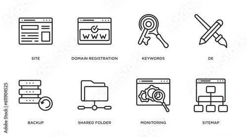 search engine optimization outline icons set. thin line icons such as site, domain registration, keywords, de, backup, shared folder, monitoring, sitemap vector.
