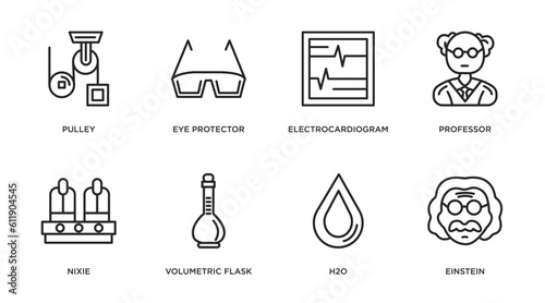 science outline icons set. thin line icons such as pulley, eye protector, electrocardiogram, professor, nixie, volumetric flask, h2o, einstein vector.
