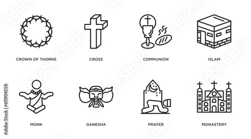 religion outline icons set. thin line icons such as crown of thorns, cross, communion, islam, monk, ganesha, prayer, monastery vector.