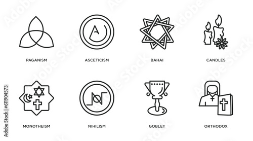 religion outline icons set. thin line icons such as paganism, asceticism, bahai, candles, monotheism, nihilism, goblet, orthodox vector.