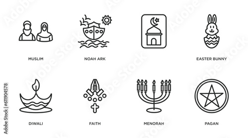 religion outline icons set. thin line icons such as muslim, noah ark, , easter bunny, diwali, faith, menorah, pagan vector.