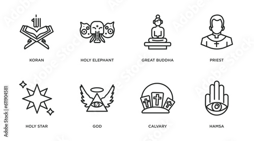 religion outline icons set. thin line icons such as koran, holy elephant, great buddha, priest, holy star, god, calvary, hamsa vector.