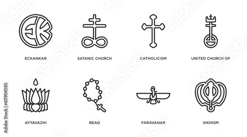 religion outline icons set. thin line icons such as eckankar, satanic church, catholicism, united church of christ, ayyavazhi, bead, faravahar, sikhism vector.