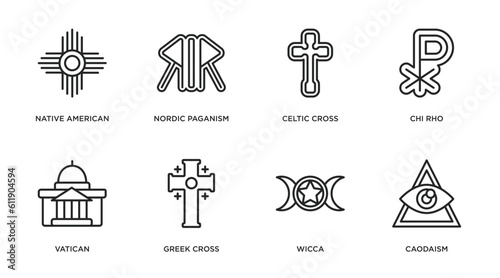 religion outline icons set. thin line icons such as native american sun, nordic paganism, celtic cross, chi rho, vatican, greek cross, wicca, caodaism vector. photo