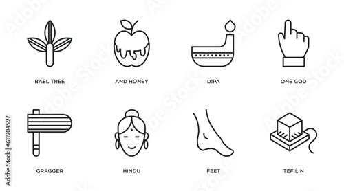 religion outline icons set. thin line icons such as bael tree, and honey, dipa, one god, gragger, hindu, feet, tefilin vector. photo