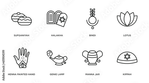 religion outline icons set. thin line icons such as sufganiyah  halakha  bindi  lotus  henna painted hand  genie lamp  manna jar  kippah vector.