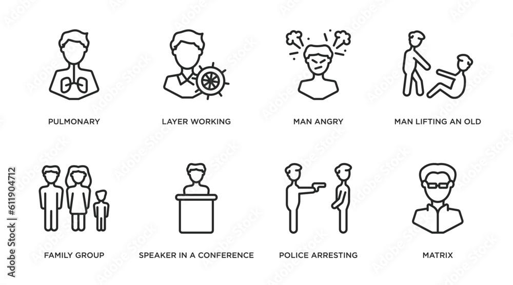 people outline icons set. thin line icons such as pulmonary, layer working, man angry, man lifting an old man, family group, speaker in a conference, police arresting matrix vector. people outline icons set. thin line icons such as pulmonary, layer working, man angry, man lifting an old man, family group, speaker in a conference, police arresting matrix vector.
