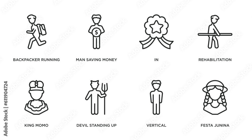people outline icons set. thin line icons such as backpacker running, man saving money, in, rehabilitation, king momo, devil standing up, vertical, festa junina vector. people outline icons set. thin line icons such as backpacker running, man saving money, in, rehabilitation, king momo, devil standing up, vertical, festa junina vector.