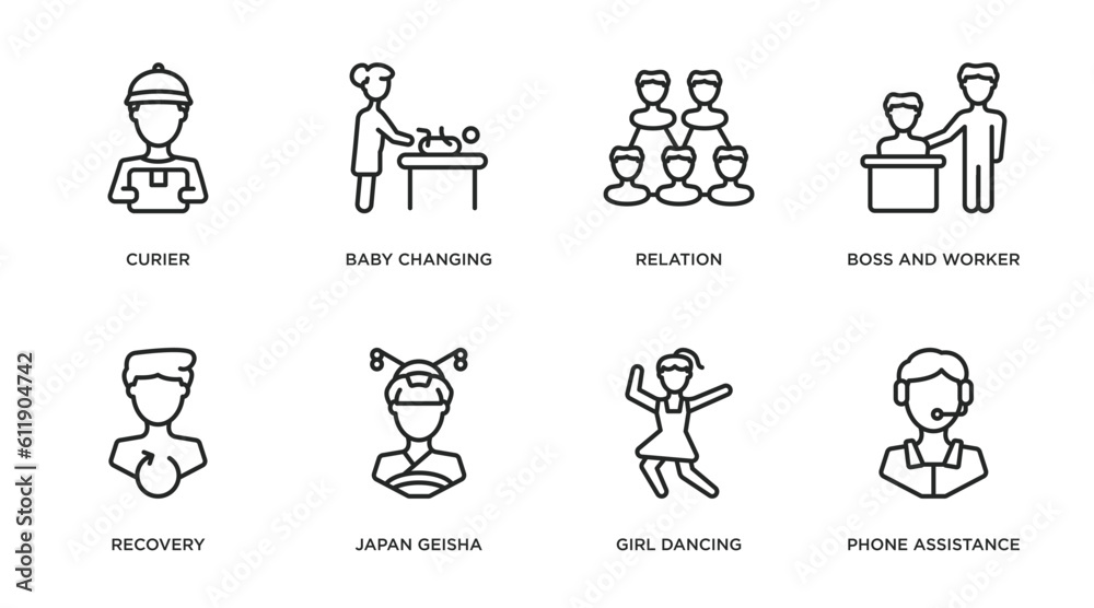people outline icons set. thin line icons such as curier, baby changing, relation, boss and worker, recovery, japan geisha, girl dancing, phone assistance vector.
