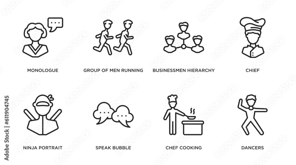 people outline icons set. thin line icons such as monologue, group of men running, businessmen hierarchy, chief, ninja portrait, speak bubble, chef cooking, dancers vector.
