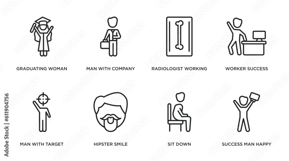 people outline icons set. thin line icons such as graduating woman, man with company, radiologist working, worker success, man with target, hipster smile, sit down, success man happy vector. people outline icons set. thin line icons such as graduating woman, man with company, radiologist working, worker success, man with target, hipster smile, sit down, success man happy vector.