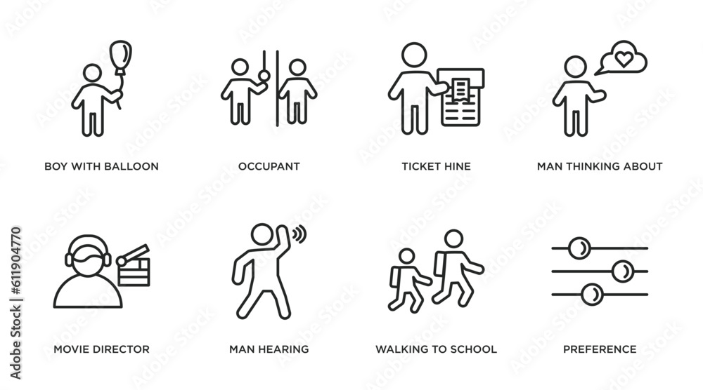 people outline icons set. thin line icons such as boy with balloon, occupant, ticket hine, man thinking about love, movie director, man hearing, walking to school, preference vector.