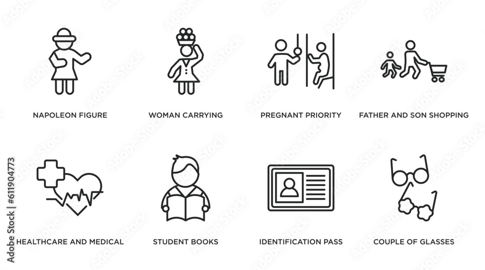 people outline icons set. thin line icons such as napoleon figure, woman carrying, pregnant priority, father and son shopping, healthcare and medical, student books, identification pass, couple of