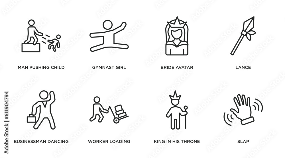 people outline icons set. thin line icons such as man pushing child, gymnast girl, bride avatar, lance, businessman dancing, worker loading, king in his throne, slap vector.
